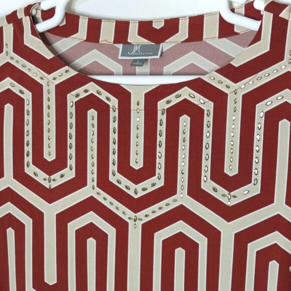 Lovely JM COLLECTION Sz L Red, Beige & Black Modern Meander Print Stretch Blouse - Picture 3 of 4